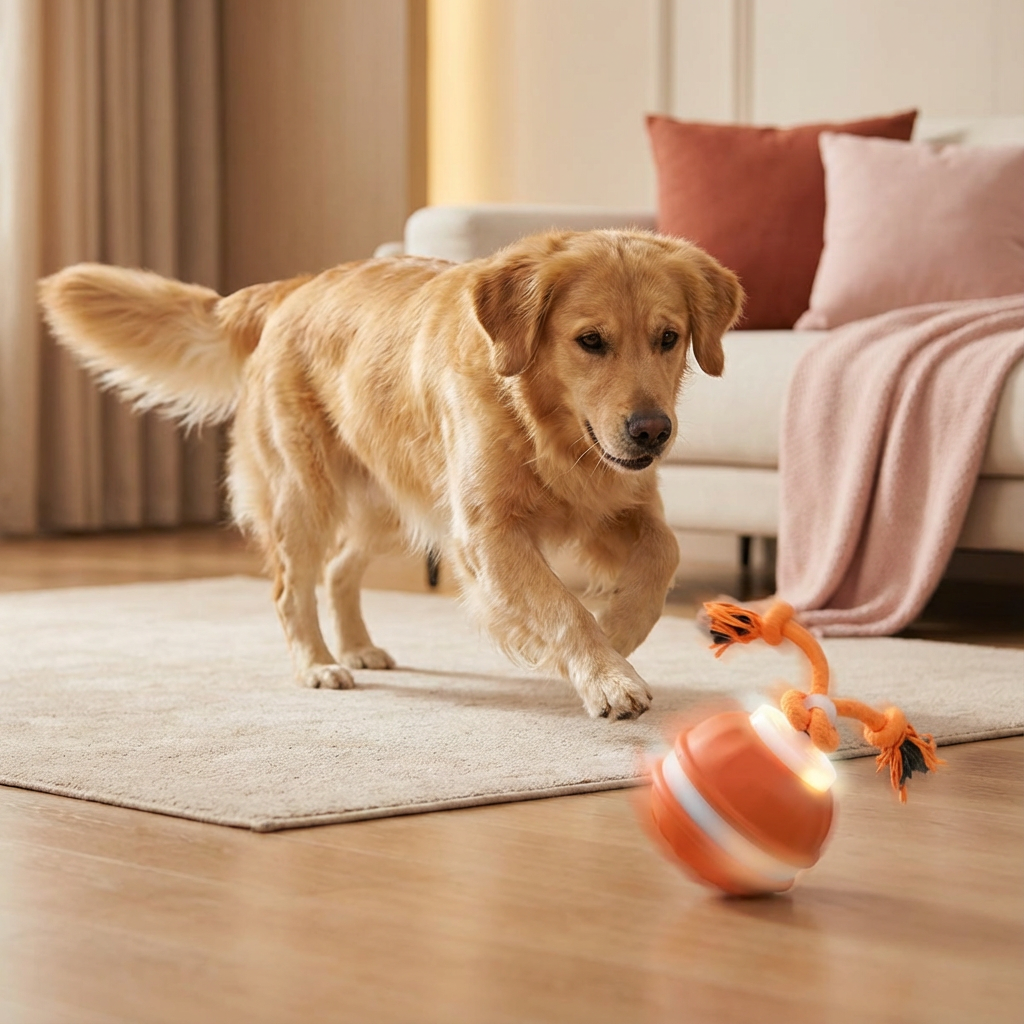 DierComfort™ PupPlay- Stevige hondenbal met bewegingssensor en trekkoord.