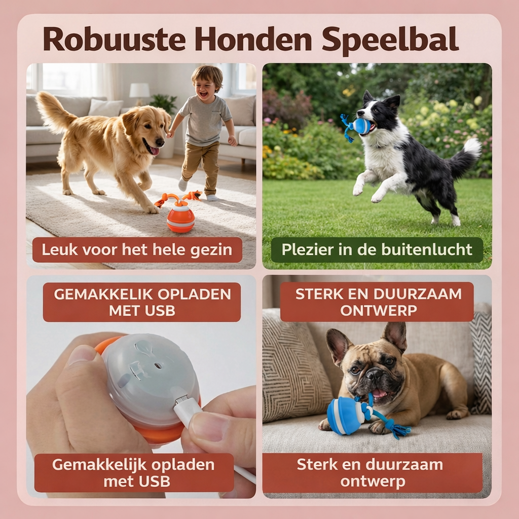 DierComfort™ PupPlay- Stevige hondenbal met bewegingssensor en trekkoord.