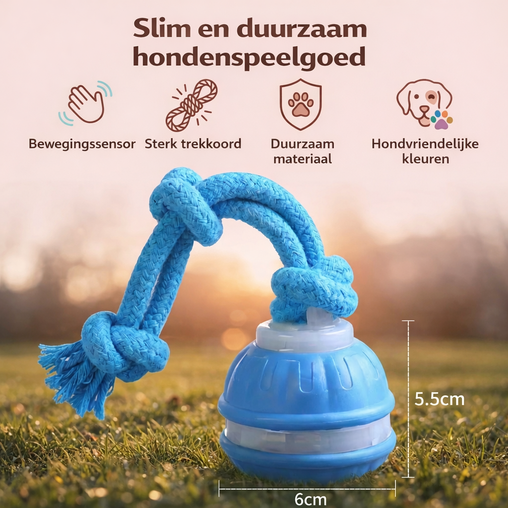 DierComfort™ PupPlay- Stevige hondenbal met bewegingssensor en trekkoord.