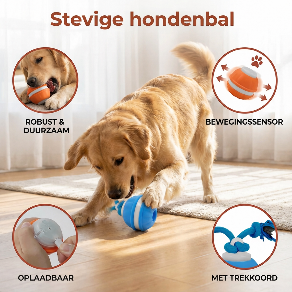 DierComfort™ PupPlay- Stevige hondenbal met bewegingssensor en trekkoord.